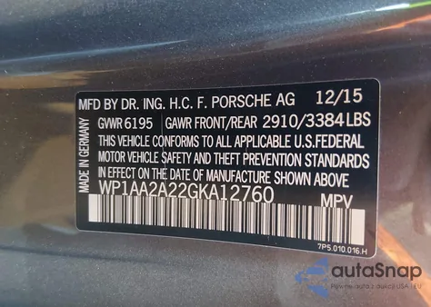 2016 Porsche Cayenne z USA, uszkodzony, nr VIN WP1AA2A22GKA12760